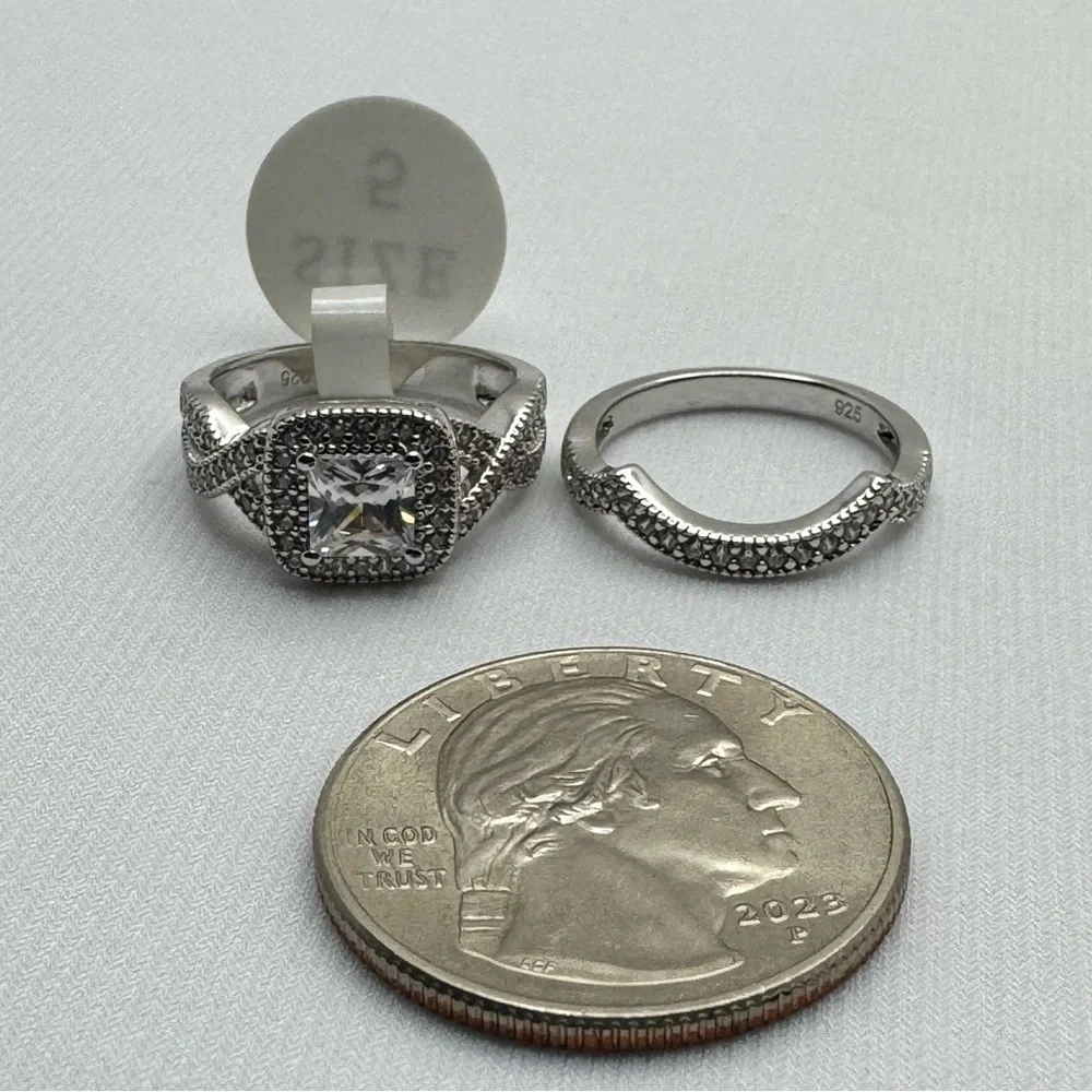 Sterling Silver CZ Double Band Ring Size 5 Halo Princess Cut New